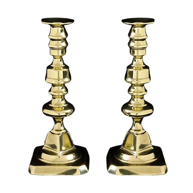 Victorian Knop-Stemmed Brass Candlesticks, Set of 2 For Sale