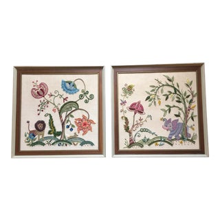Vintage Hand Done Crewel Work Framed - a Pair For Sale