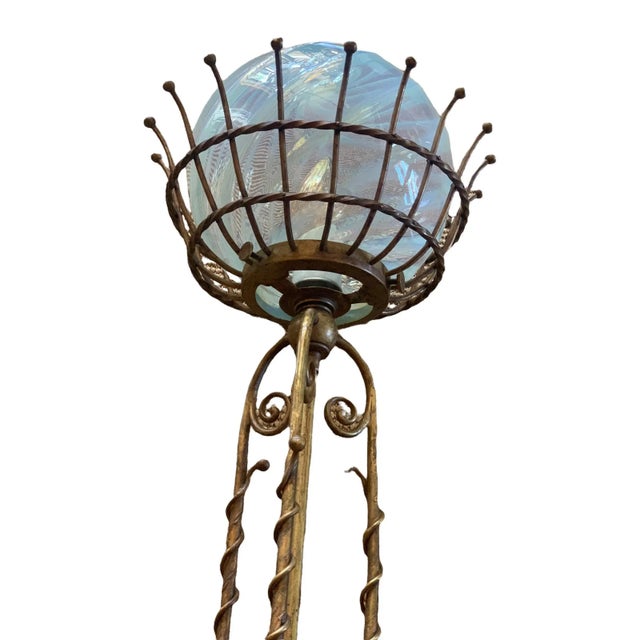 1900s Art Nouveau Solid Brass Fixture With Original Phoenix Swirl Glass Globe Shade For Sale - Image 4 of 7