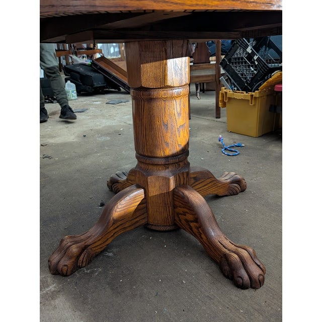 Victorian Vintage Oak Round Pedestal Dining Table With Claw Feet For Sale - Image 3 of 10