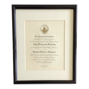 John F. Kennedy President and Lyndon B. Johnson Vice President of the United States Framed Invitation to the Inauguration
