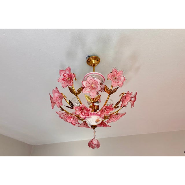 1980s Italian Pink Murano Style Glass Floral Chandelier – Hand-Painted Porcelain & Brass Ceiling Light For Sale - Image 14 of 18