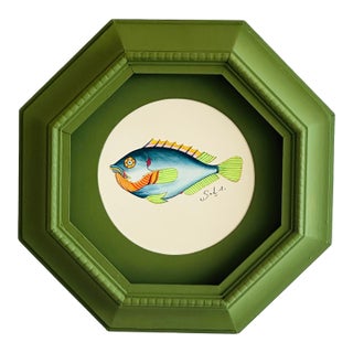 Original Hand-Painted Blue Fish Painting in a Hand-Painted Frame For Sale