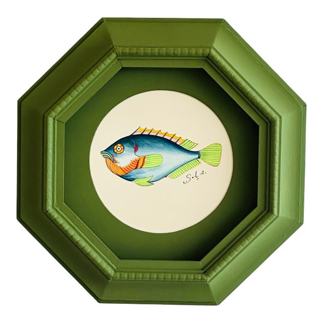 Original Hand-Painted Blue Fish Painting in a Hand-Painted Frame For Sale