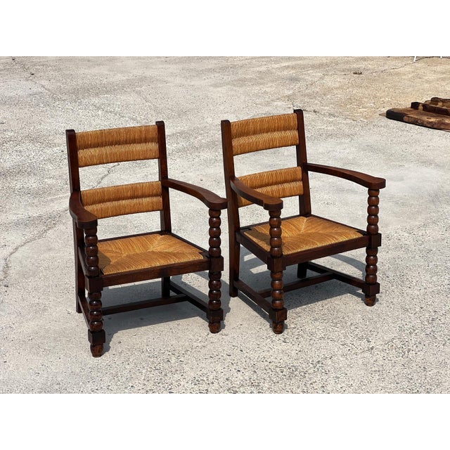 Set of Stained Oak and Straw Armchairs, 1950 For Sale - Image 9 of 9