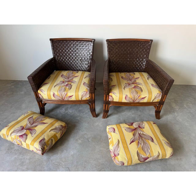 Brown Palm Beach Regency - Style Palecek Rawhide Weave Lounge Chairs With Rattan Frame - A Pair For Sale - Image 8 of 12