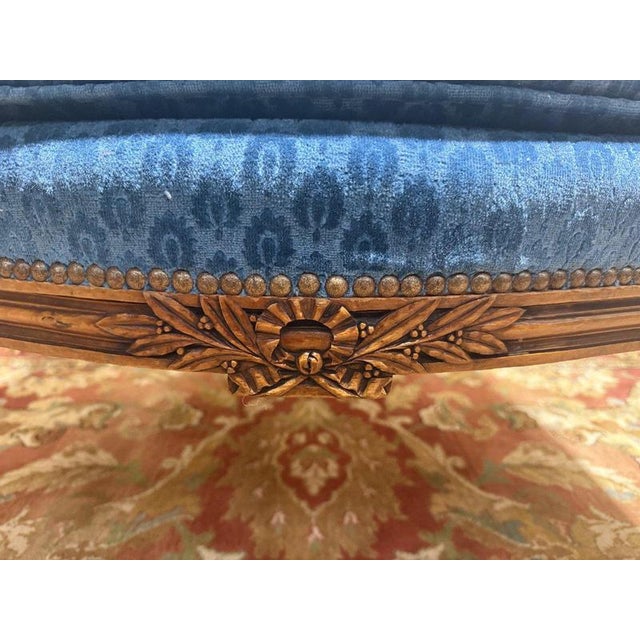 Louis XVI Style Wingback Chair in Blue Velvet For Sale - Image 9 of 10