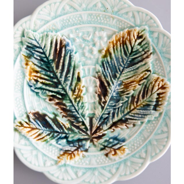 19th Century Swedish Rörstrand Majolica Turquoise Chestnut Leaf Plate For Sale - Image 4 of 7