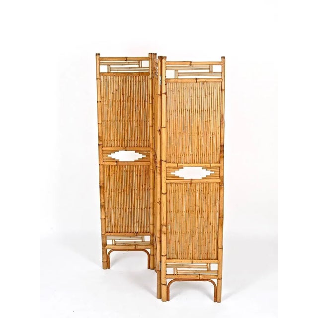1960s French Riviera Rattan and Bamboo 3-Panel Folding Screen, Italy, 1960 For Sale - Image 5 of 12