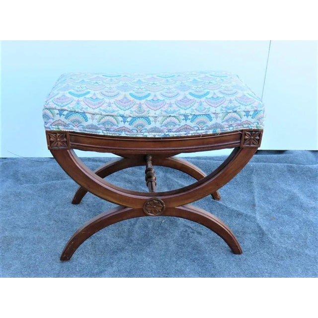 Regency Style X base Stool, Cherry frame with carved rosettes