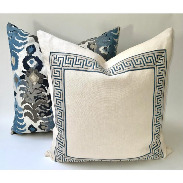Chinoiserie Chinoiserie Indigo Blue Greek Key Trim, Natural Off White Belgium Linen Pillow Cover For Sale - Image 3 of 6