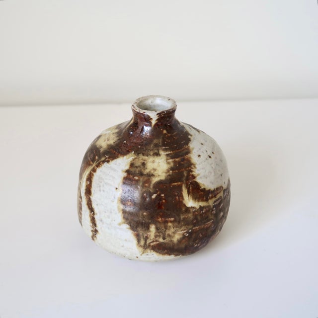 Wabi Sabi Studio Pottery Sculptural Rounded Bud Vase With Strokes of Mottled Brown & Ivory Drip Glaze For Sale - Image 14 of 16
