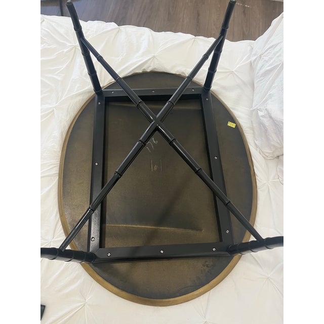 Gold 1950s Mid Century Oval Kittinger Style Coffee Table Faux Bamboo Tapered Legs Incised Leafs Design on Top For Sale - Image 8 of 12