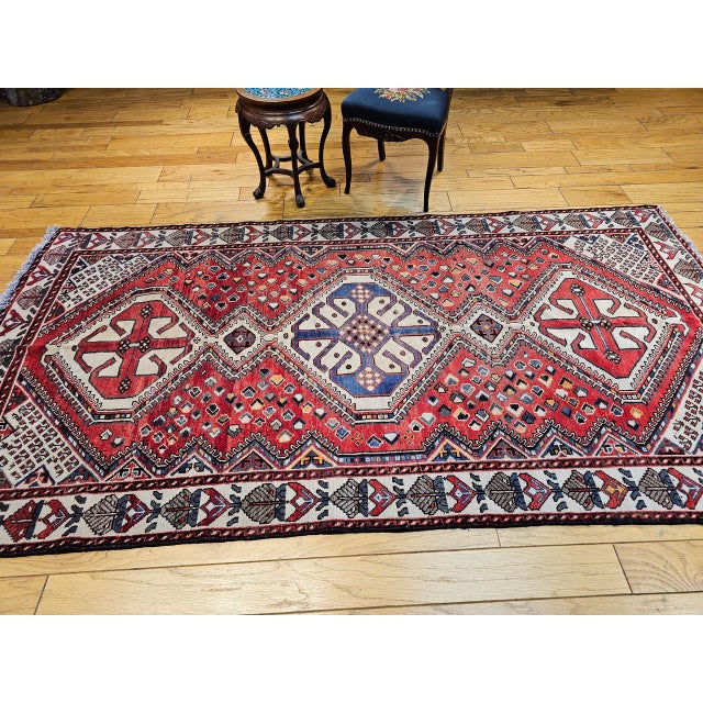 Persian Vintage Shiraz Tribal Area Rug, Hand-Knotted Wool, Geometric Pattern, Red & Ivory, 5x10 For Sale - Image 3 of 13