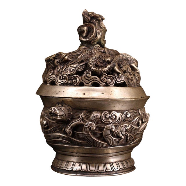 Vintage Silver-Plated Bronze Incense Burner With Dragon Lid - Asian Censer For Sale