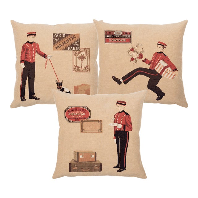 Set of Bellboy Tapestry Cushions With Feather Filler - 46x46cm For Sale