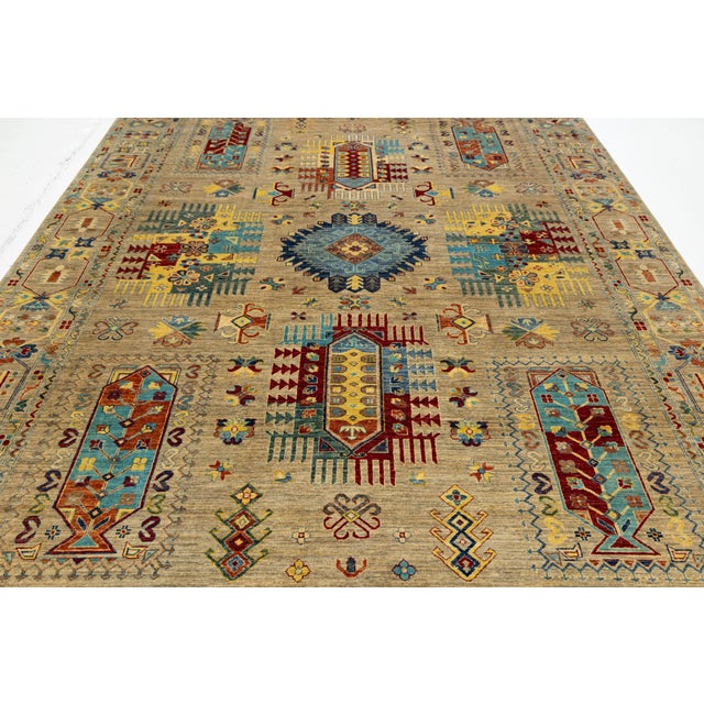 Textile Kazak Style Hand-Knotted Wool Rug – Neutral Beige & Vibrant Multi-Color Tribal For Sale - Image 7 of 10