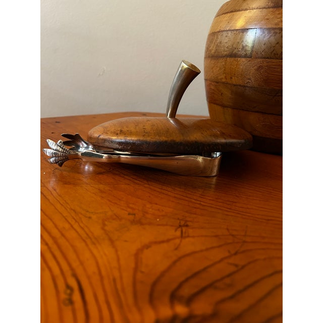 1960s Mid-Century Modern Solid Walnut Apple Ice Bucket With Silverplate Claw Tongs For Sale - Image 4 of 13