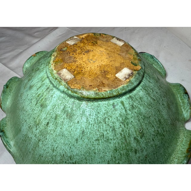 Large Antique Handmade North Carolina Us Green Glaze Centerpiece Pottery Bowl For Sale - Image 11 of 14