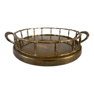 1970s Hollywood Regency Brass Faux Bamboo Rail Round Serving Tray For Sale