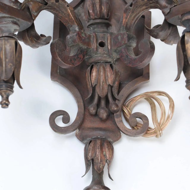 Brown Pair of Antique Wrought Iron Floral Sconces. Circa 1920 For Sale - Image 8 of 10