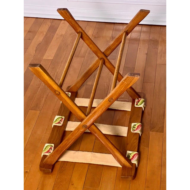 Wooden Luggage Rack With Hand Stitched Embroidered Straps, 1940s For Sale - Image 10 of 13