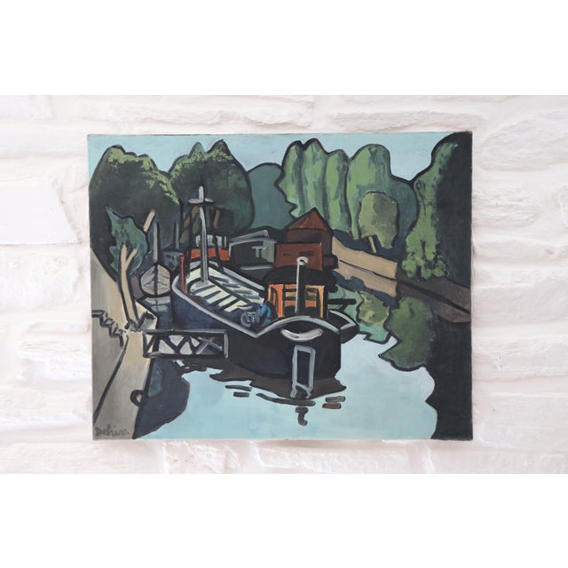 G. Delaire, Barges on the Seine, 20th Century, Oil Painting on Canvas For Sale - Image 10 of 10