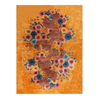 Brilliant Yellow Goldenrod Color With Lovely Flower Design Antique Chinese Art Deco Rug For Sale