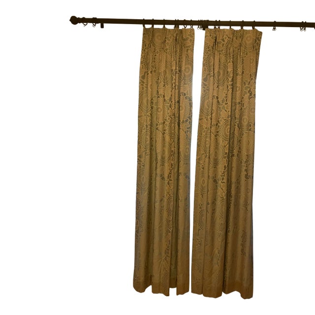 Tone on Tone Bluish and Beige Moire Drapes- Set of 2 Panels For Sale