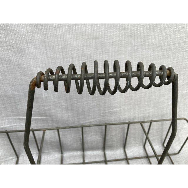 French Country Antique Metal Wire Milk Bottle Holder Basket Carrier With Handle For Sale - Image 3 of 12