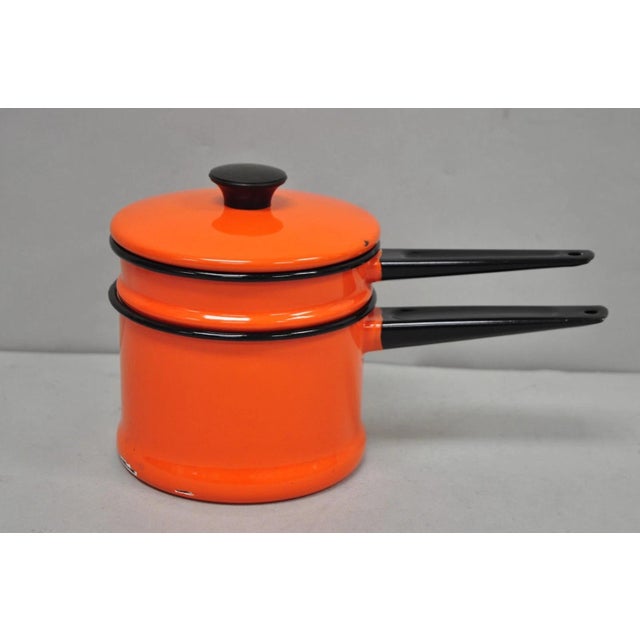 Traditional Vintage Enamel Orange & Black Metal Double Boiler Nesting Pot W/ Lid For Sale - Image 3 of 13