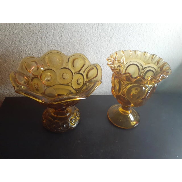 These are STUNNING LE Smith Amber Moon & Star Ruffled Edge 6" Pedestal Compote/2. Mismatch Compote Set Procured at auction...