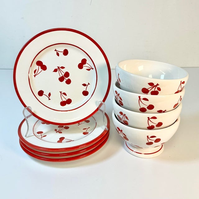Late 20th Century Vintage Art Deco Boho Chic Cherries Jubilee Luncheon Plates & Bowls - Set of 8 For Sale - Image 5 of 12