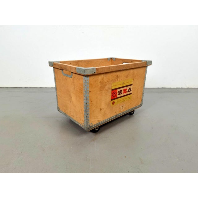 Large Wooden Chest on Casters with Metal-Reinforced Corners, 1960s For Sale - Image 3 of 9