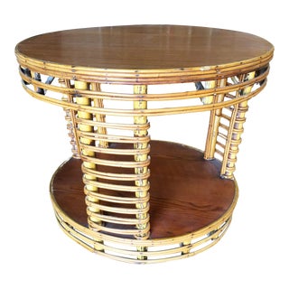 Restored Mid-Century Two Tier Round Stick Reed Rattan Coffee Table With Mahogany Top For Sale