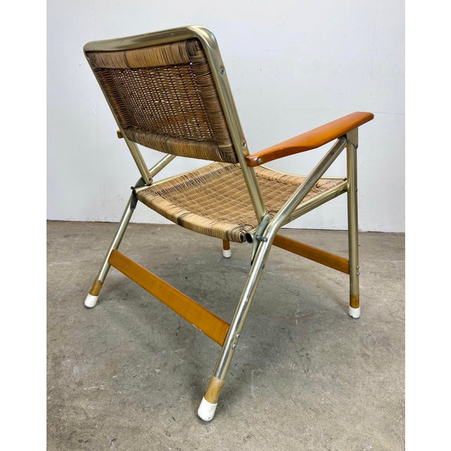 Wood 1970’s Mid Century Modern Rattan & Anodized Gold Aluminum Patio / Porch Chairs by Telescope For Sale - Image 7 of 12