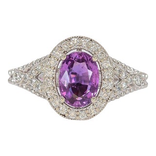 1.6Ct Purple Sapphire Ring With Natural Diamond Halo: Solid 14k Gold, Size 6.75 For Sale