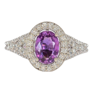 1.6Ct Purple Sapphire Ring With Natural Diamond Halo: Solid 14k Gold, Size 6.75