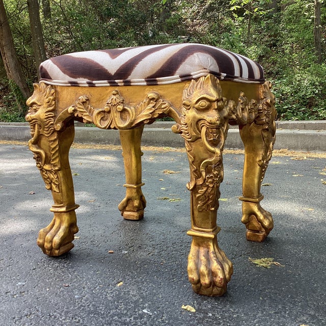 Mid 20th Century Hollywood Regency Giltwood Stool With Figural Carved Legs and Ralph Lauren Zebra Upholstery For Sale - Image 9 of 10