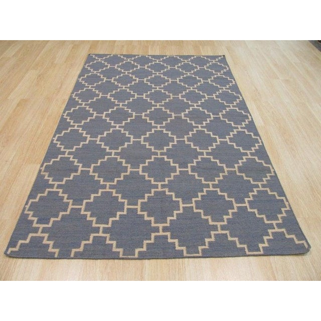 2020s 10x14 Blue Flat Weave Wool Stepped Diamond Lattice Geometric Modern Carpet Rug For Sale - Image 5 of 8