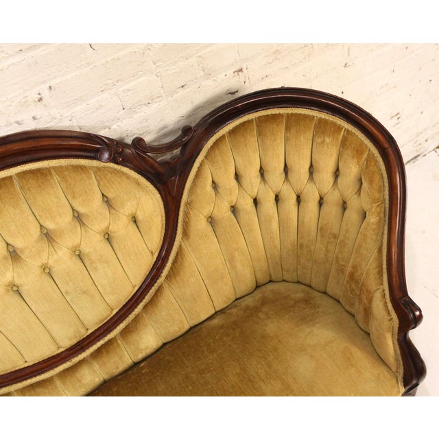 Yellow Vintage Victorian Style Gold Velvet and Walnut Settee For Sale - Image 8 of 17
