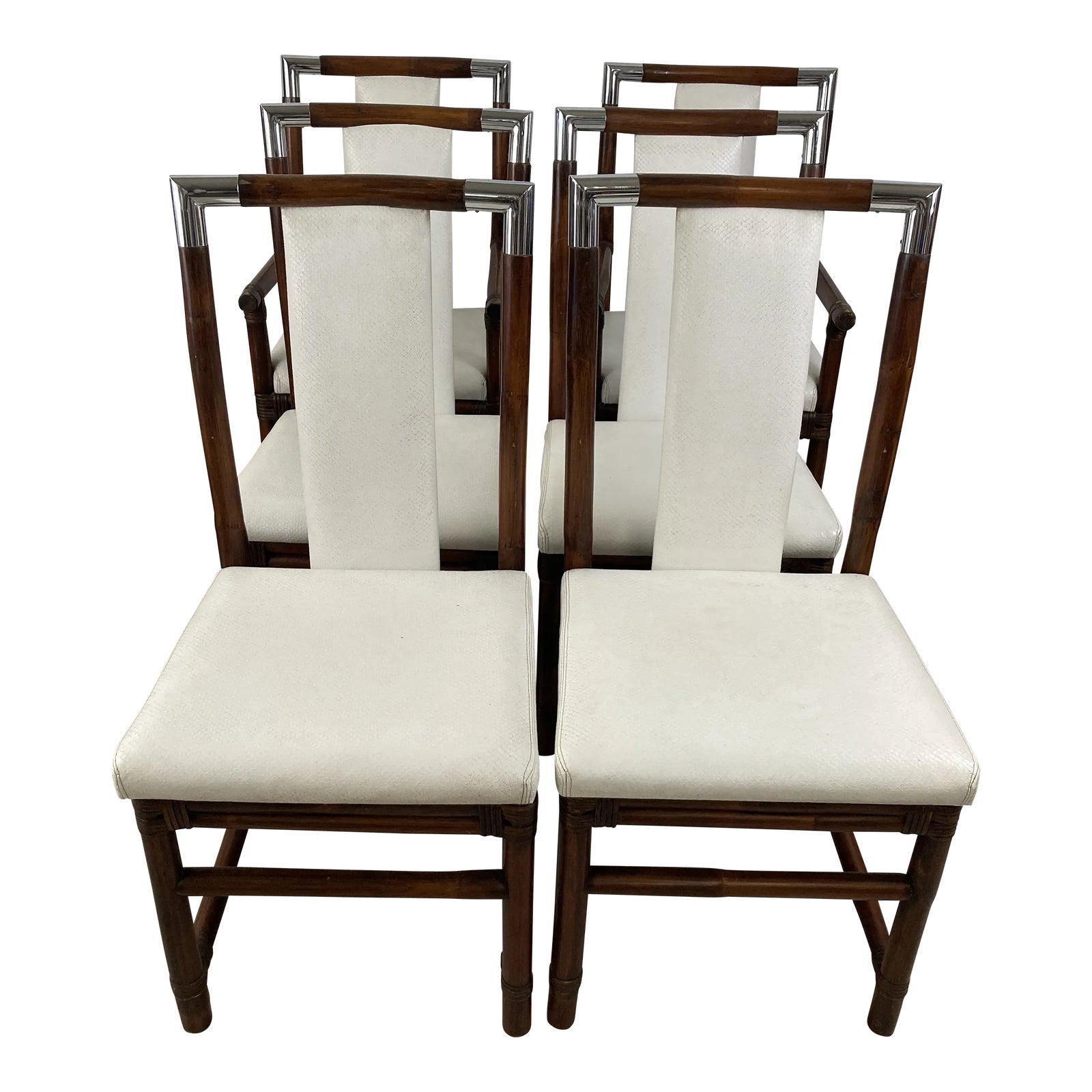 Vintage Rattan Dining Chairs With Chrome and Faux Ostrich,set of Six
