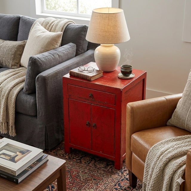 Wood Distressed Rustic Rough Bright Red Drawer Small End Table Nightstand For Sale - Image 7 of 7