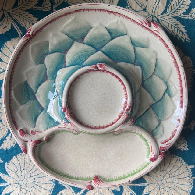 Ceramic French Majolica Artichoke Asparagus Plate from Sarreguemines, 1900, Set of 2 For Sale - Image 7 of 11