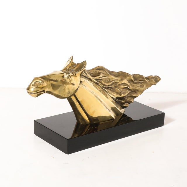 Mid-Century Modern Mid-Century Horse Bust Sculpture W/ Flowing Mane in Polished Brass on Black Base For Sale - Image 3 of 11