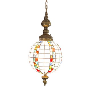 Vintage Hanging Swag Pendant Light Multicolor Chunky Glass and Brass For Sale
