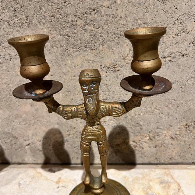 Metal Antique Brass Double Candlestick Holders, Early 20th Century For Sale - Image 7 of 10