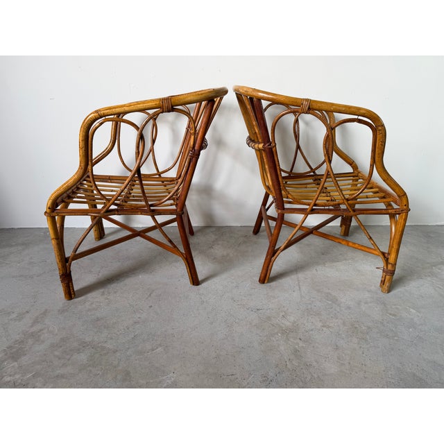 1970's Vintage Coastal Bamboo Rattan Barrel Lounge Chairs - A Pair For Sale - Image 11 of 17