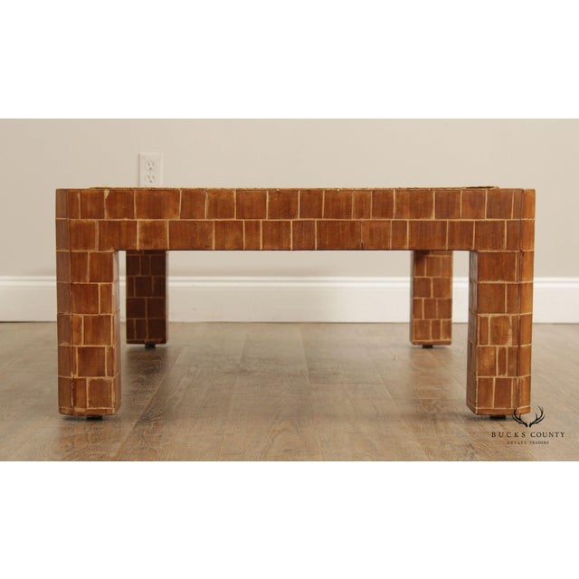 Mid Century Modern Wooden Block Carved Tile Parsons Coffee Table with Wicker Top For Sale - Image 10 of 13