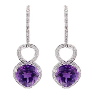 3.53ct Pear Cut Amethyst Art Deco Drop Earrings With Diamonds in 18k Gold- A Pair For Sale